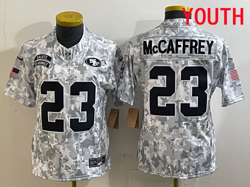 Youth San Francisco 49ers #23 Mccaffrey Nike Arctic Camo 2025 Salute to Service Limited NFL Jersey style 1